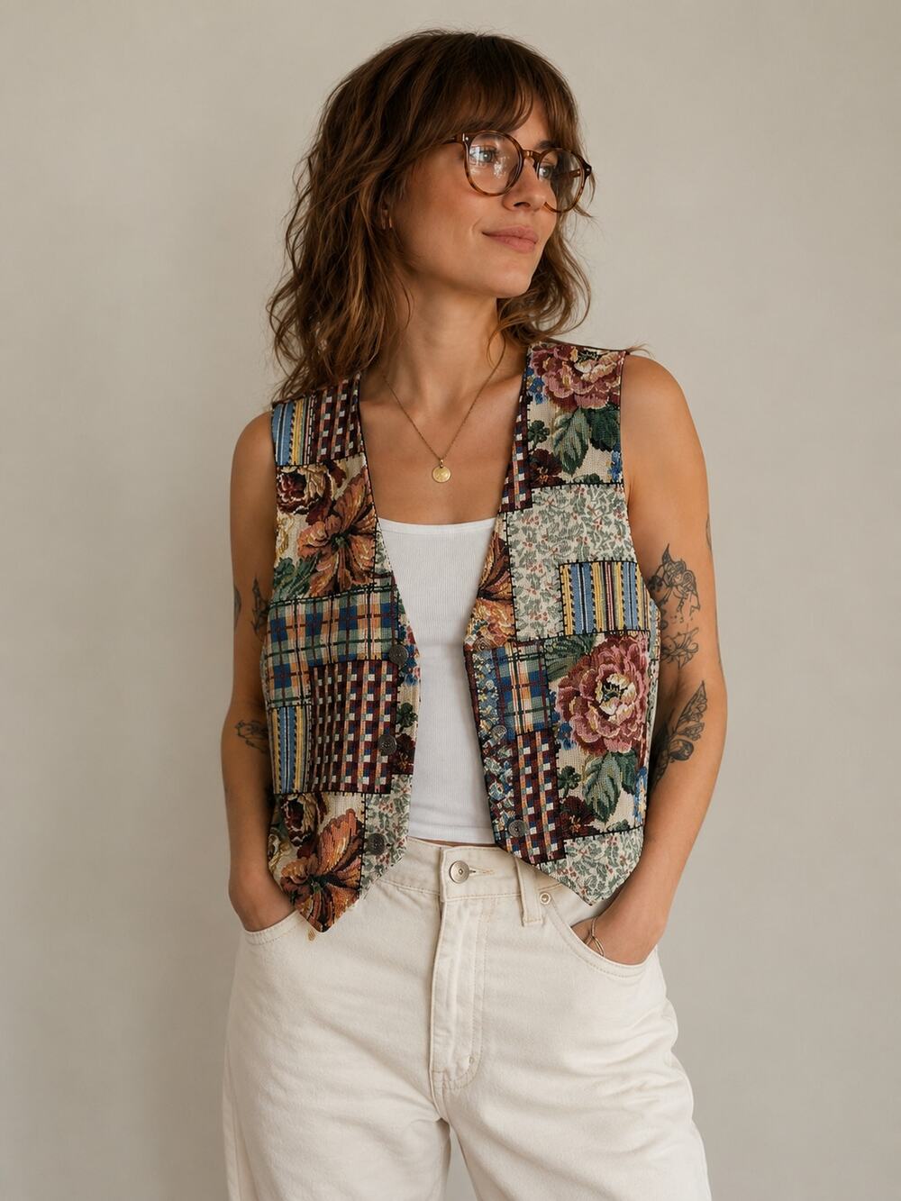 Rafaella Vintage Floral Patchwork Tapestry‎ Vest GrannyCore  Satin Back Large